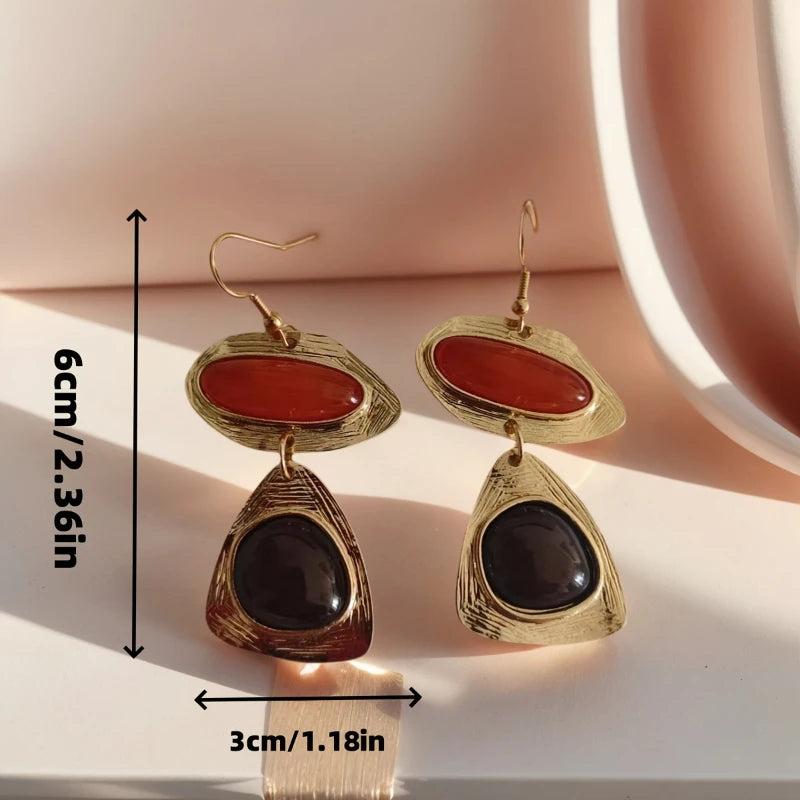 Retro and Trendy Oval Inlaid Zircon Pendant Earrings, Women's Personalized Ethnic Style Holiday Party Accessories Jewelry