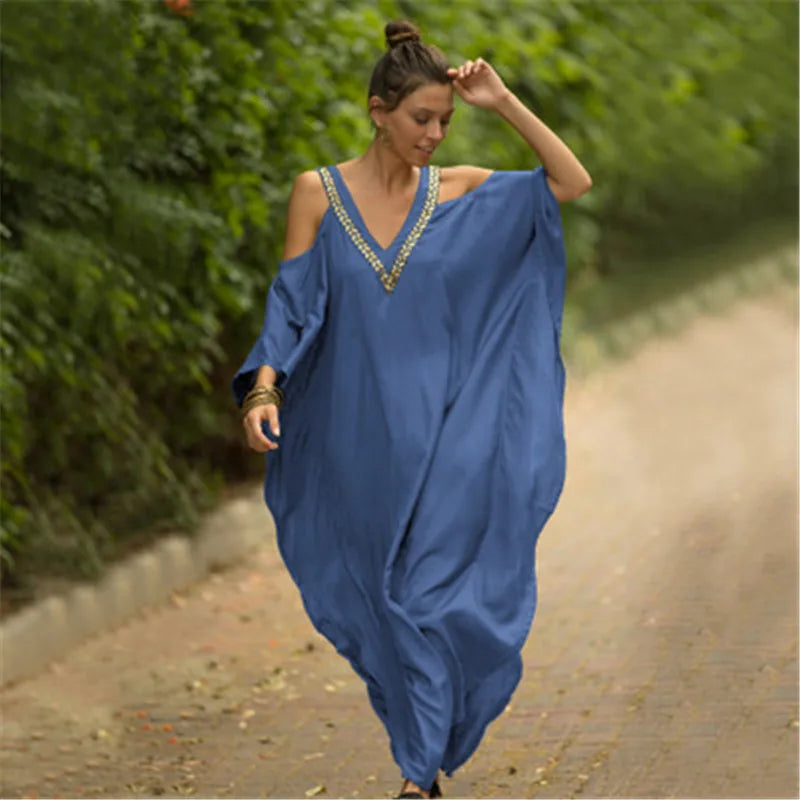 Kaftan Dresses Swimsuit Cover Up Maxi Dress Beach Wear Turkish Cold Shoulder Beach Outifits Summer Vacation