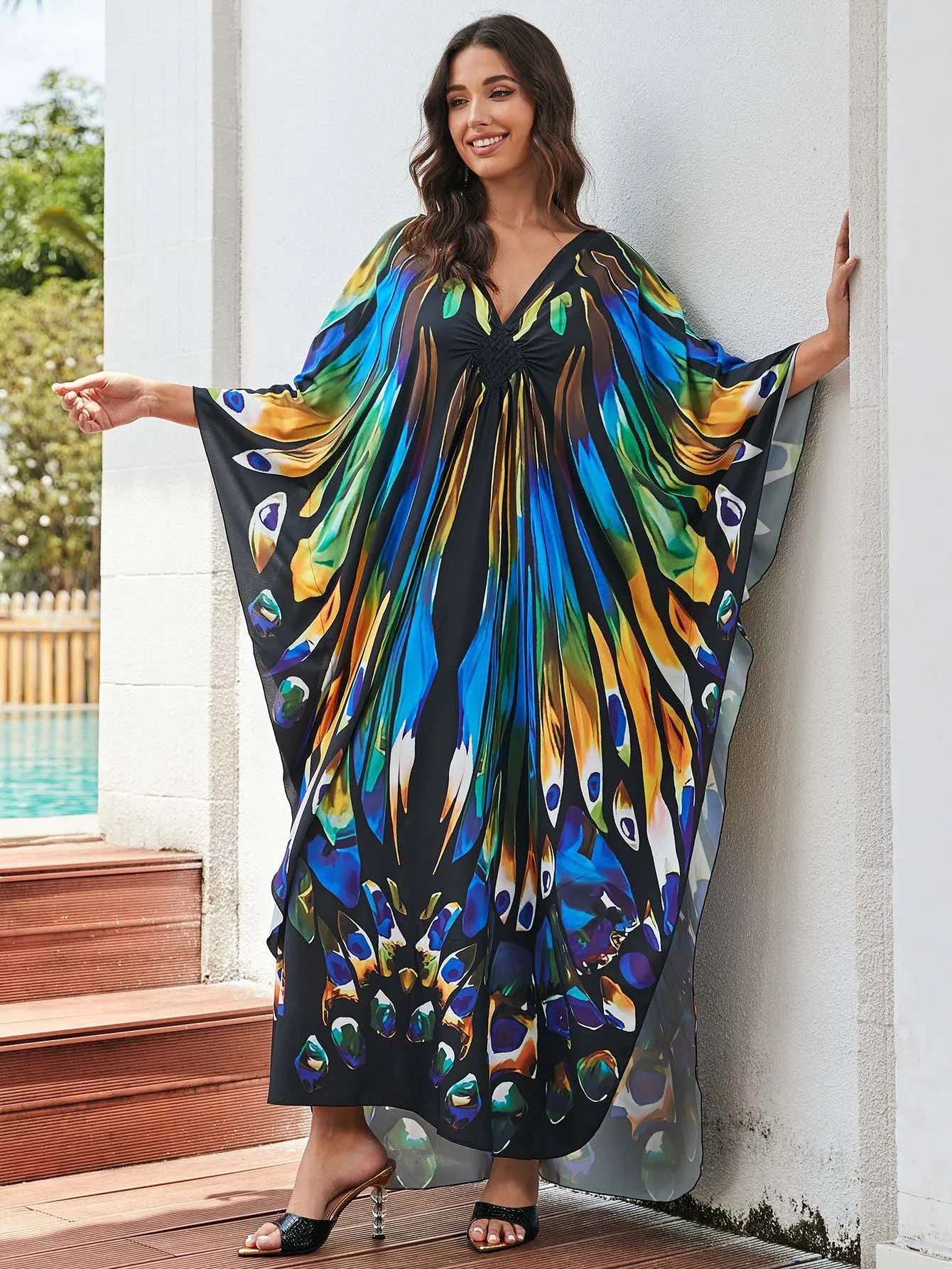 Kaftan Dresses for Women Plus Size Batwing Sleeve Caftans Long Bathing Suit Cover Up Maxi Beach Dress Loungewear
