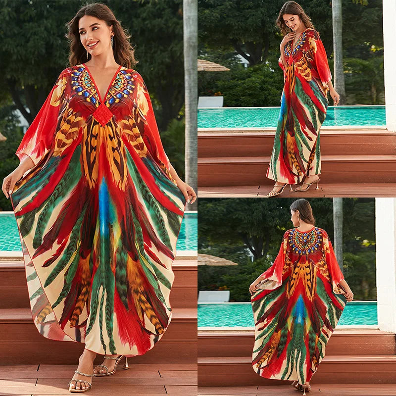 Women Ethnic Print Kaftan Beach Dress Bathing Suit Plus Size Swimsuit Cover Up Beachwear