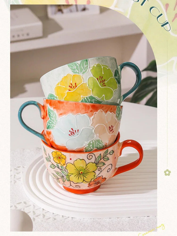 500ML Ceramic Coffee Mugs Large Capacity Hand-painted Relief Breakfast Cup Milk Oat Flower Tea Cups Creative Drinking Water Mug
