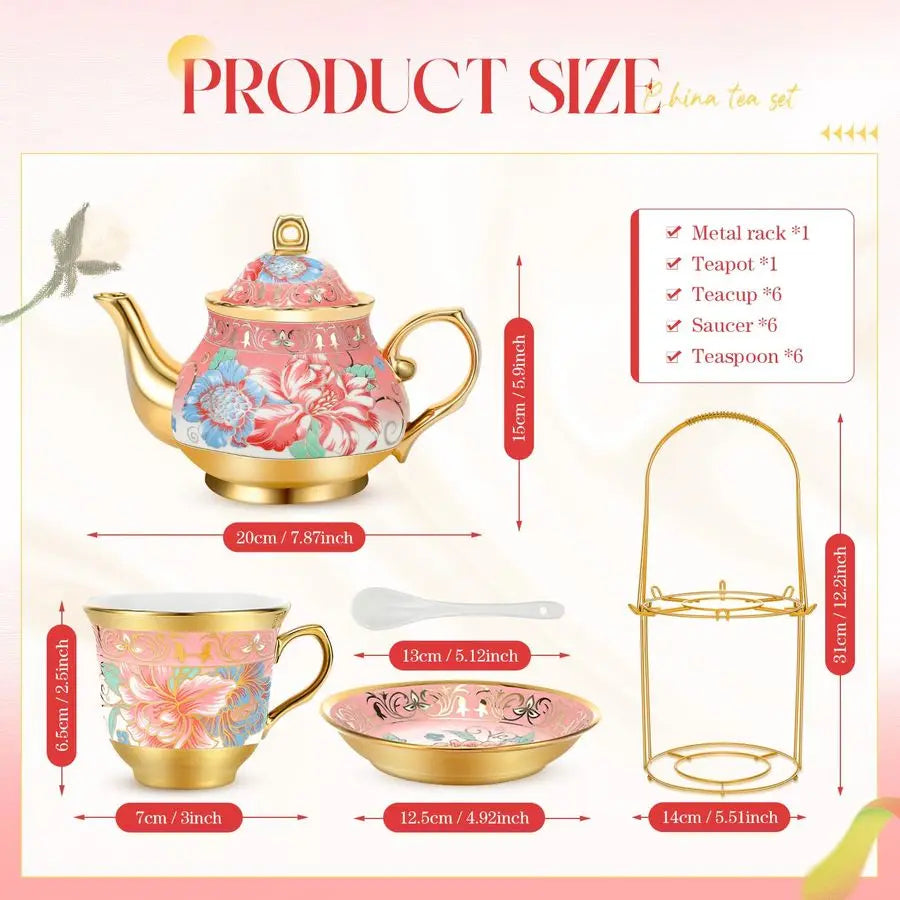 Pcs Porcelain Tea Set for Adults with Metal Holder and Spoon European Ceramic Tea Party Set Flower Painting Teapot Cup Saucer fo