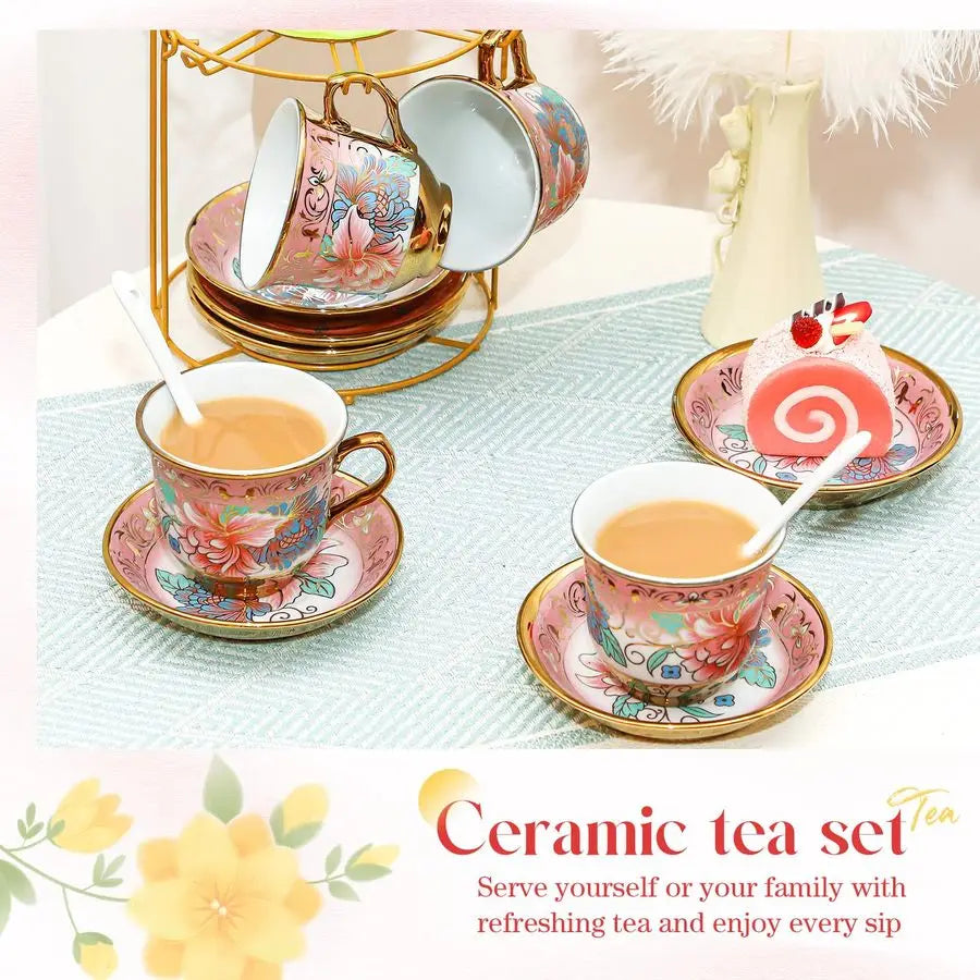 Pcs Porcelain Tea Set for Adults with Metal Holder and Spoon European Ceramic Tea Party Set Flower Painting Teapot Cup Saucer fo