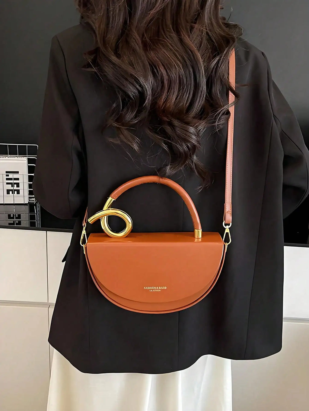 Brown Saddle Bag with Gold Twist Handle, Vegan Leather Top-Handle Crossbody for Daily Use