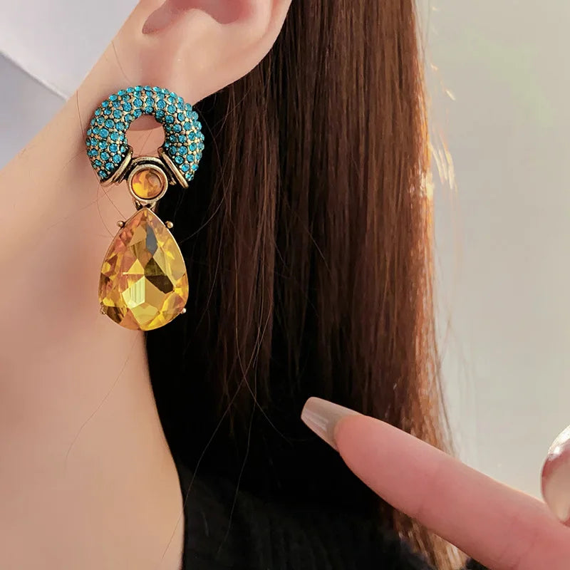 Rhinestone Circle Water Drop Metal Vintage Dangle Earrings for Women Personality Exquisite New in Earring 2024 Aesthetic Jewelry