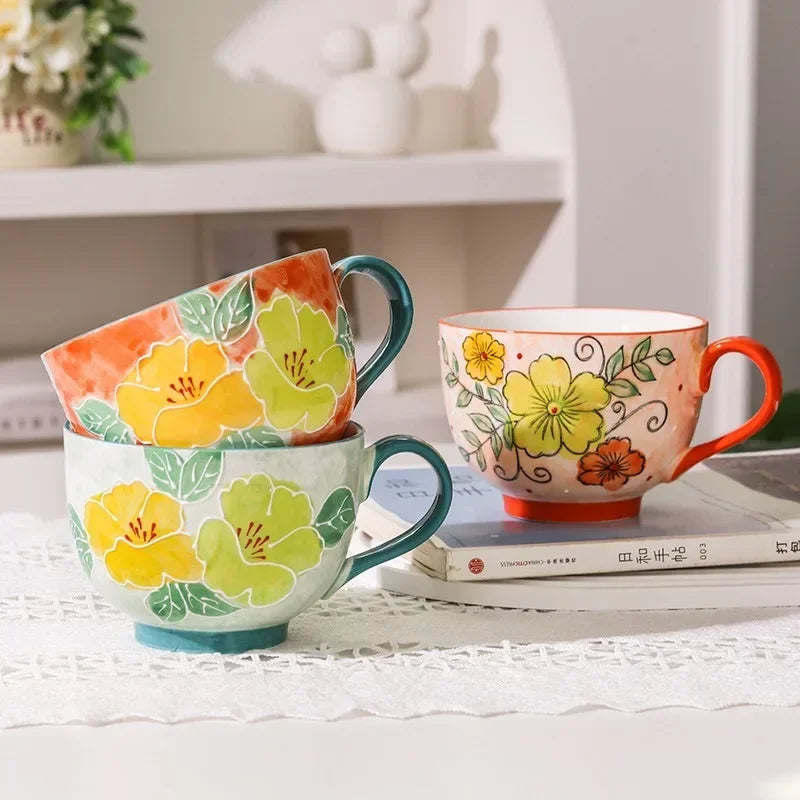 500ML Ceramic Coffee Mugs Large Capacity Hand-painted Relief Breakfast Cup Milk Oat Flower Tea Cups Creative Drinking Water Mug
