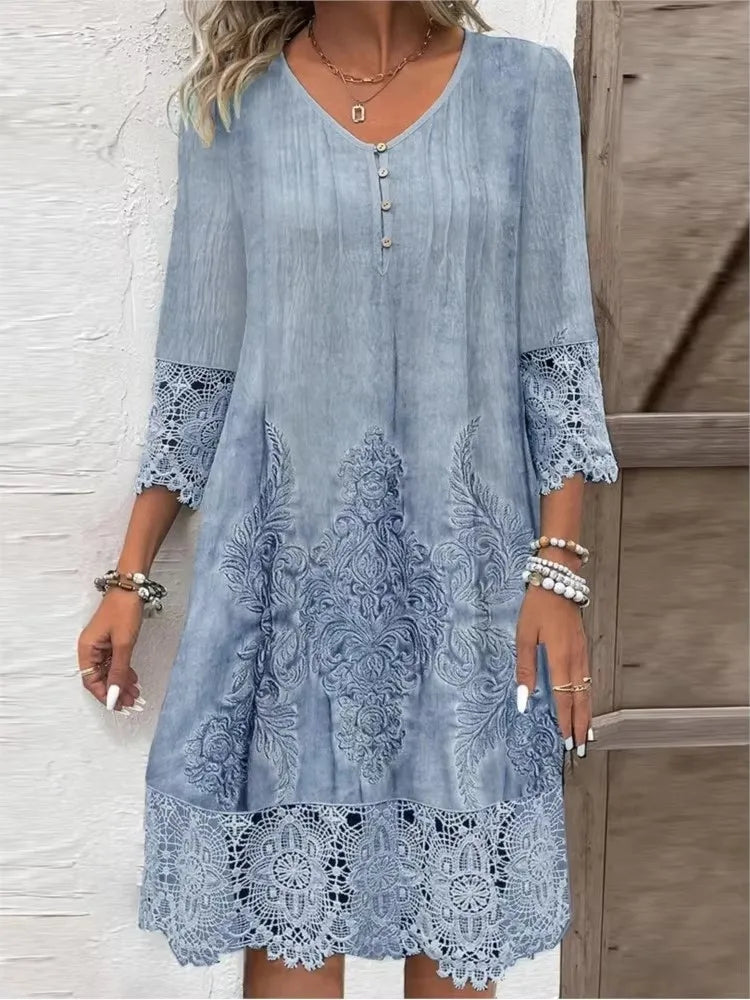 New Solid Color Lace Dress Spring Summer Women Fashion V-neck Button Loose Office Casual Dresses Female Holiday Robe Femme