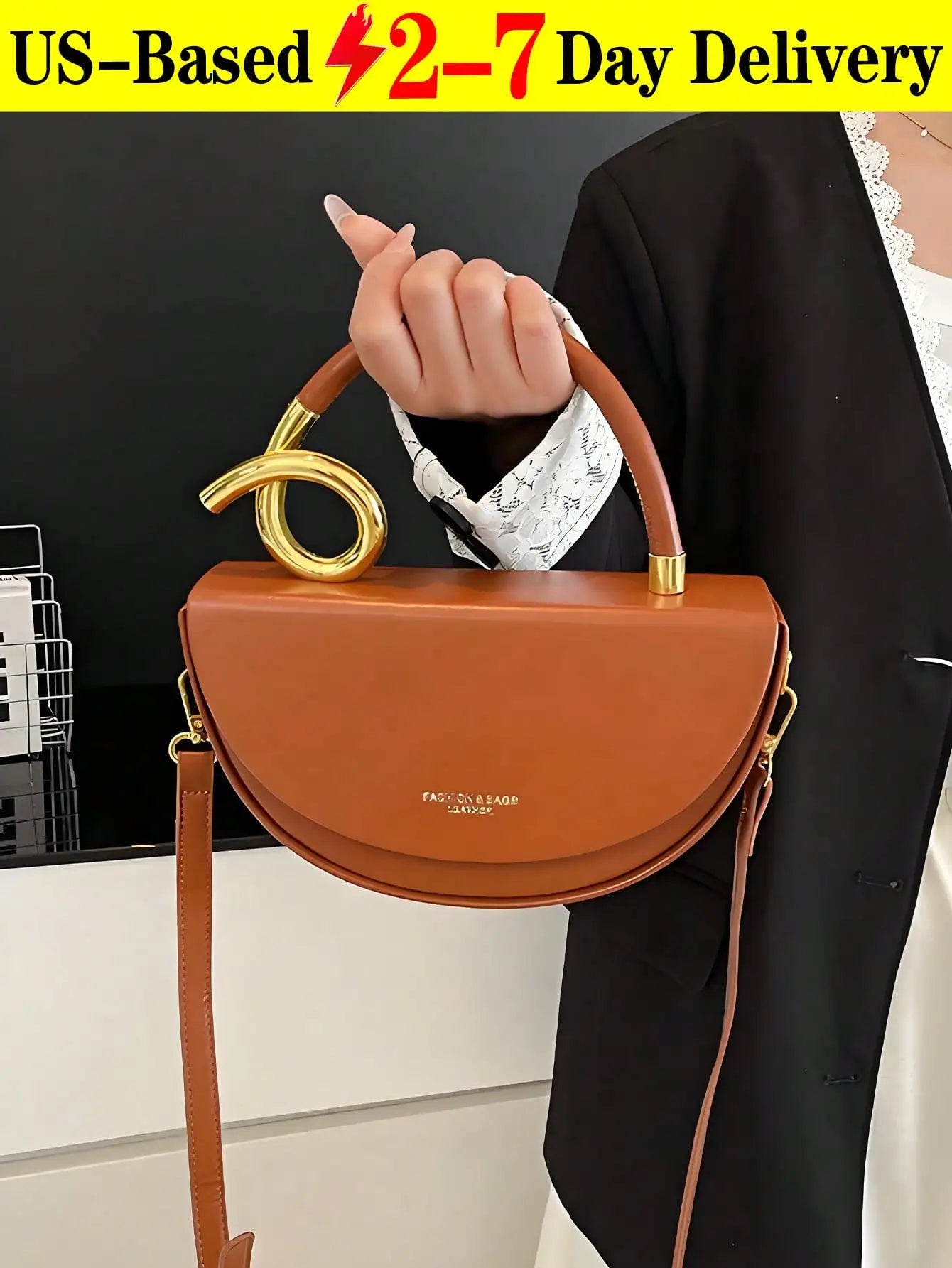 Brown Saddle Bag with Gold Twist Handle, Vegan Leather Top-Handle Crossbody for Daily Use