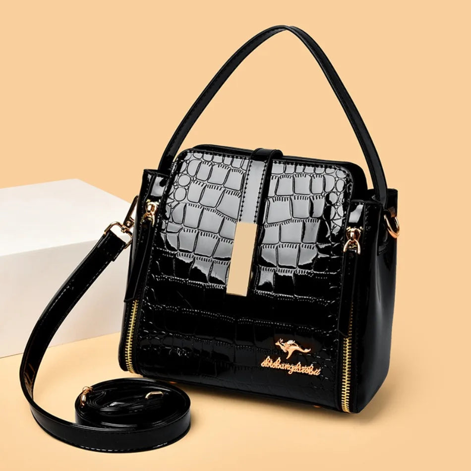 Women's Glossy Crocodile Embossed Patent Leather Bucket Bag Casual Top Handle Crossbody Shoulder Handbag for Daily Commute Sac