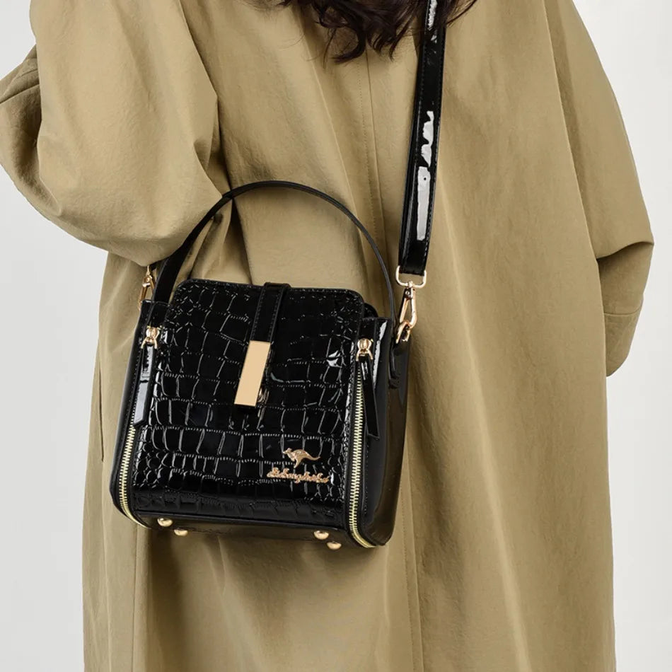 Women's Glossy Crocodile Embossed Patent Leather Bucket Bag Casual Top Handle Crossbody Shoulder Handbag for Daily Commute Sac