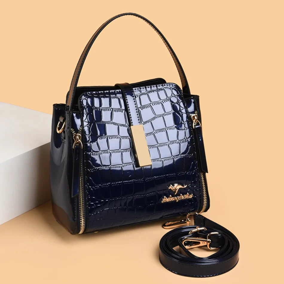 Women's Glossy Crocodile Embossed Patent Leather Bucket Bag Casual Top Handle Crossbody Shoulder Handbag for Daily Commute Sac