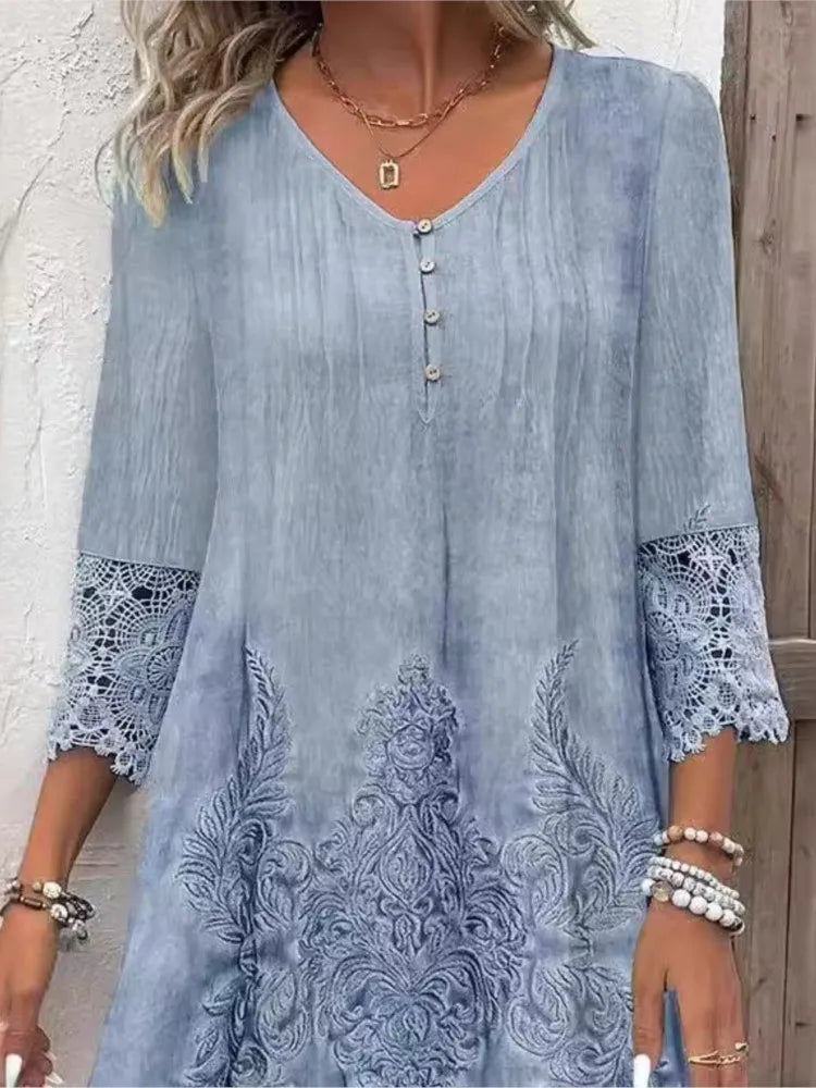 New Solid Color Lace Dress Spring Summer Women Fashion V-neck Button Loose Office Casual Dresses Female Holiday Robe Femme