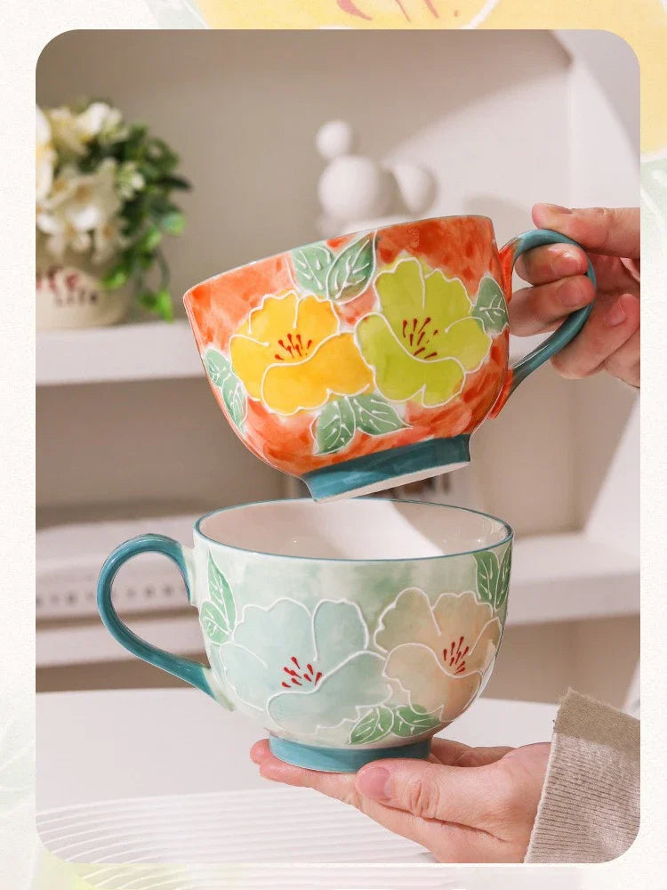 500ML Ceramic Coffee Mugs Large Capacity Hand-painted Relief Breakfast Cup Milk Oat Flower Tea Cups Creative Drinking Water Mug