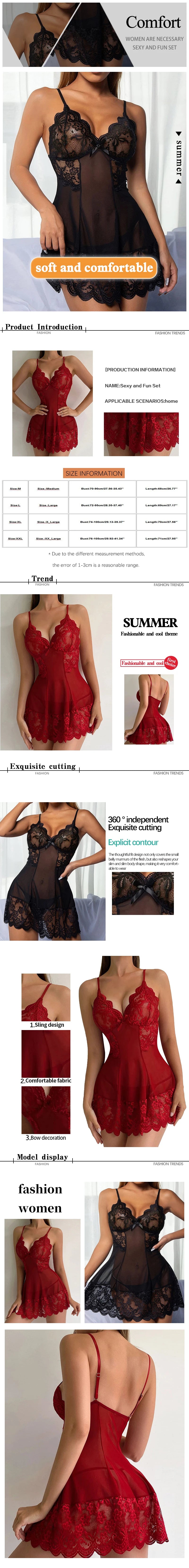 Women's Plus Size Lace Tight Fitting Clothes Sexy Transparent Pajamas Flower Lace Sheer Dress Sexy Mesh Fabric Dress Pajamas