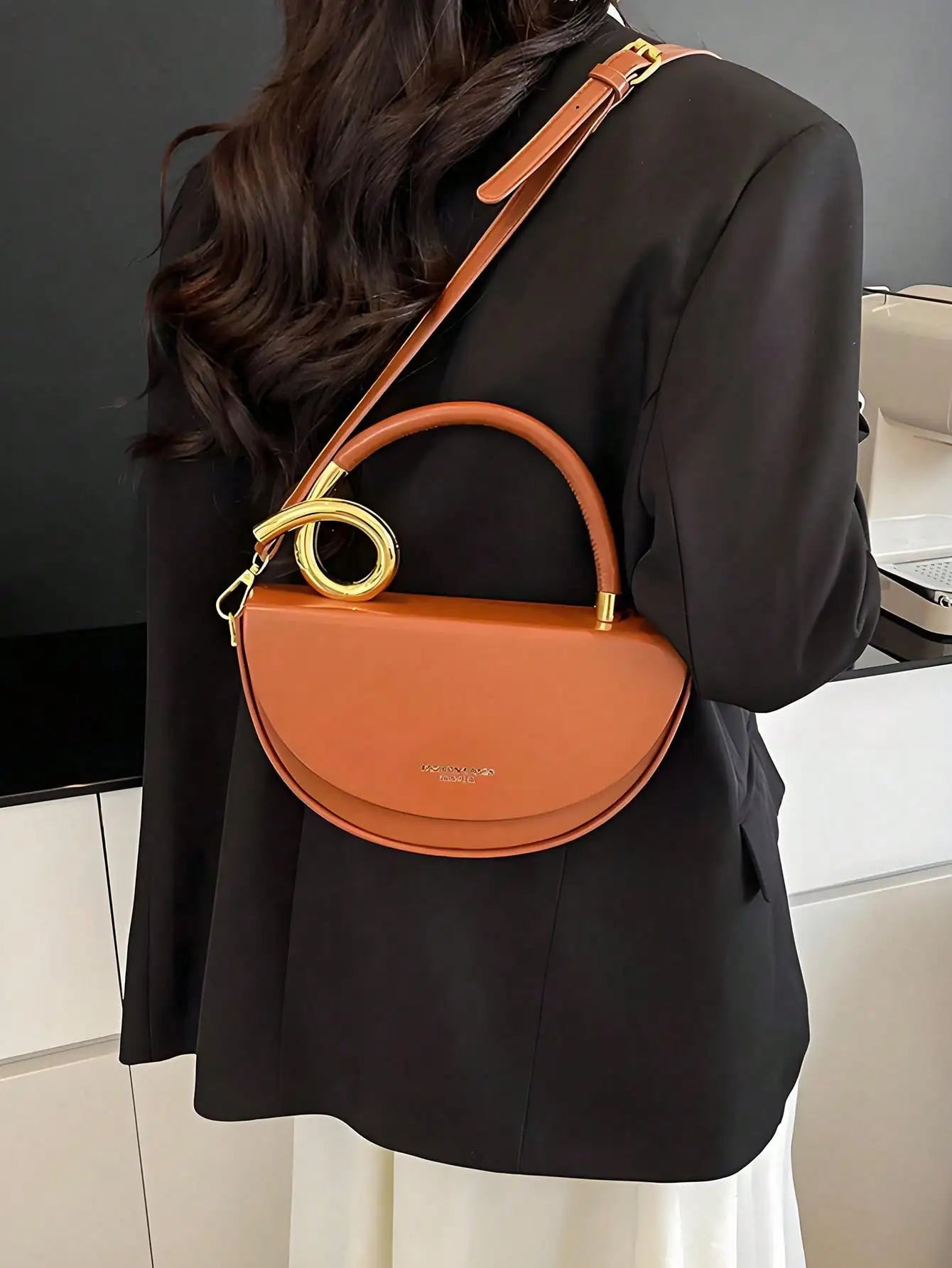 Brown Saddle Bag with Gold Twist Handle, Vegan Leather Top-Handle Crossbody for Daily Use