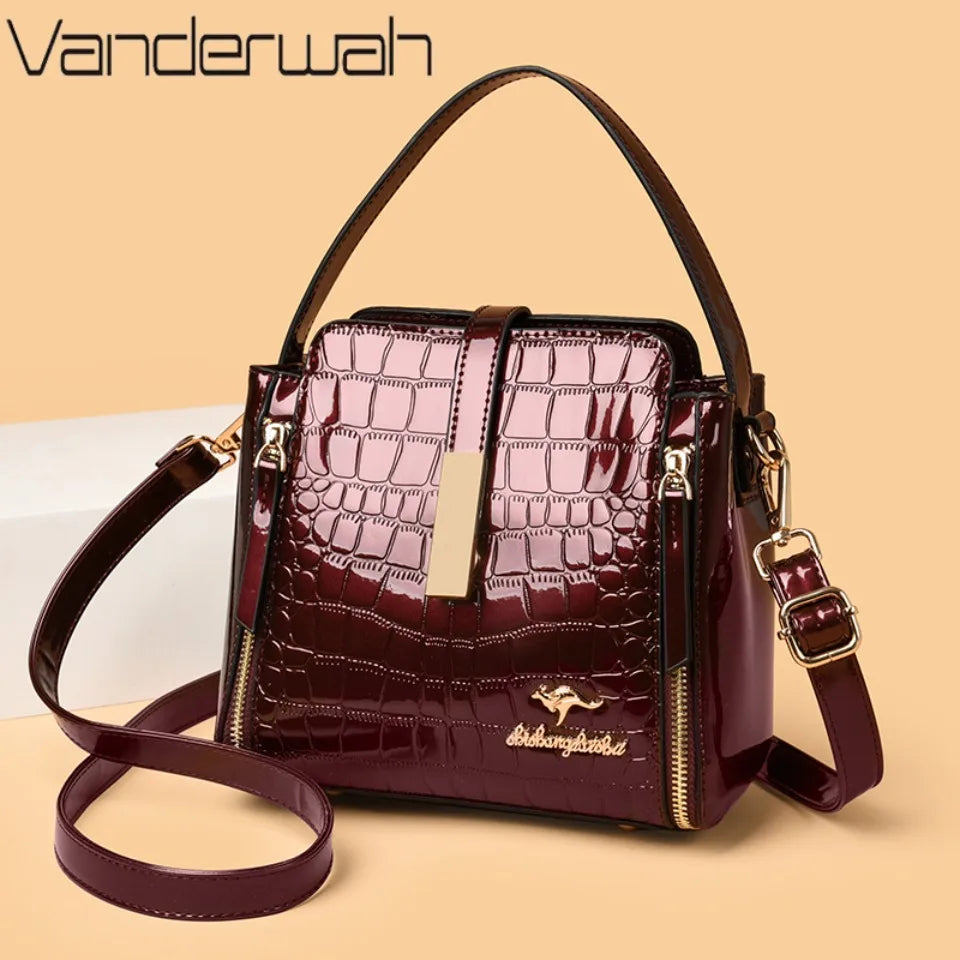 Women's Glossy Crocodile Embossed Patent Leather Bucket Bag Casual Top Handle Crossbody Shoulder Handbag for Daily Commute Sac