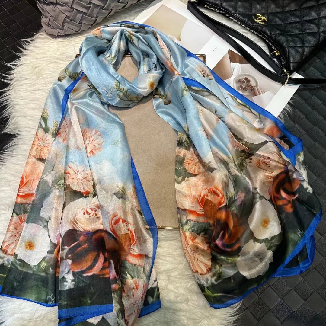 [BYSIFA] New Blue Green Silk Scarf Shawl Women Fashion Brand 100% Pure Silk Long Scarves Autum Winter Warm Neck Head Scarf Hijab