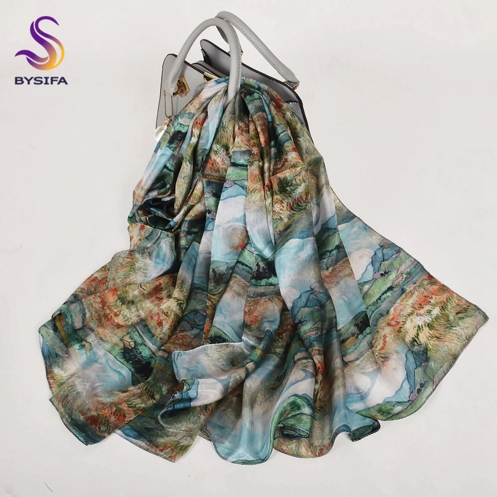 [BYSIFA] New Blue Green Silk Scarf Shawl Women Fashion Brand 100% Pure Silk Long Scarves Autum Winter Warm Neck Head Scarf Hijab