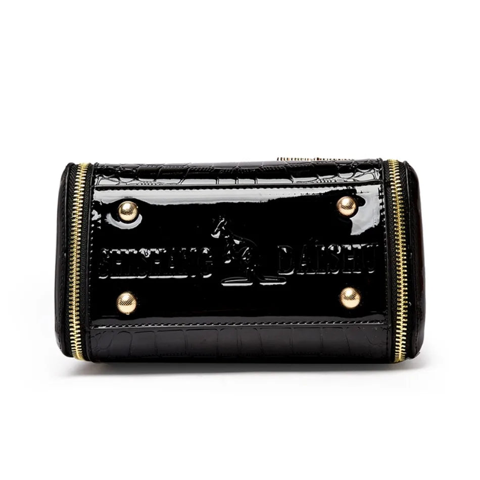 Women's Glossy Crocodile Embossed Patent Leather Bucket Bag Casual Top Handle Crossbody Shoulder Handbag for Daily Commute Sac