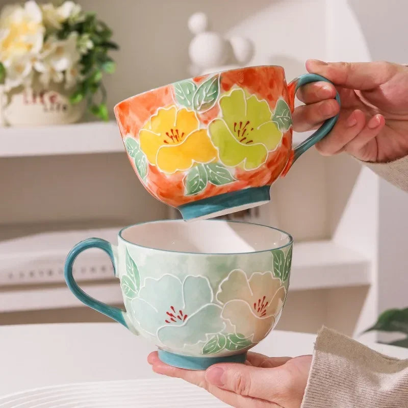 500ML Ceramic Coffee Mugs Large Capacity Hand-painted Relief Breakfast Cup Milk Oat Flower Tea Cups Creative Drinking Water Mug