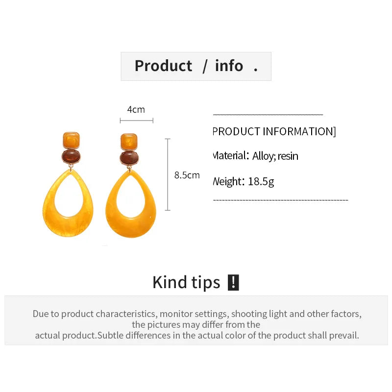 Vintage Yellow Water Droplet Resin Dangle Earrings for Women Geometric Smudging Hanging Decor Aesthetic Statement Ear Jewelry F