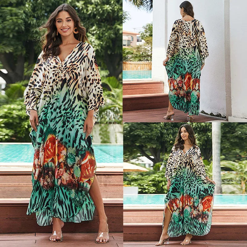 Women Ethnic Print Kaftan Beach Dress Bathing Suit Plus Size Swimsuit Cover Up Beachwear