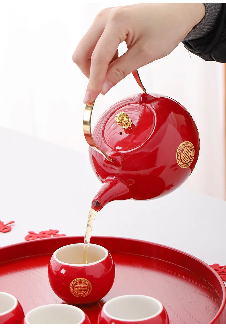 Red Ceramic Tea Set, Chinese Wedding Tea Set, Handmade Tea Pot Set, Special Customized Home Porcelain Beauty Tea Cup Set