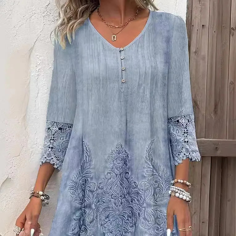 New Solid Color Lace Dress Spring Summer Women Fashion V-neck Button Loose Office Casual Dresses Female Holiday Robe Femme