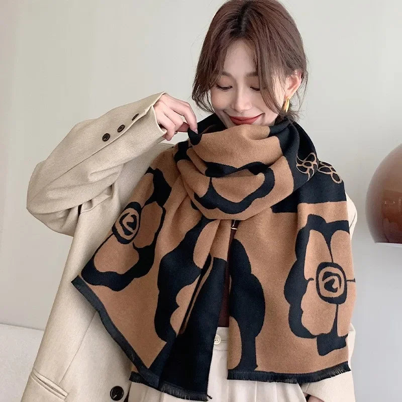 Elegant Women Flowers Soft Acrylic Cashmere Scarf Shawl Autumn Winter Neckerchief Spring Summer Travel Cape Long