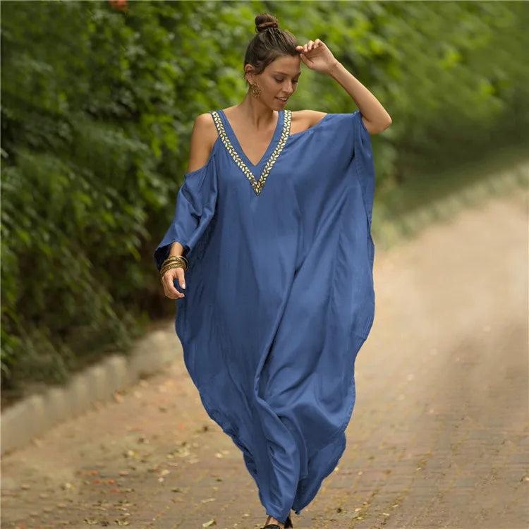 Kaftan Dresses Swimsuit Cover Up Maxi Dress Beach Wear Turkish Cold Shoulder Beach Outifits Summer Vacation