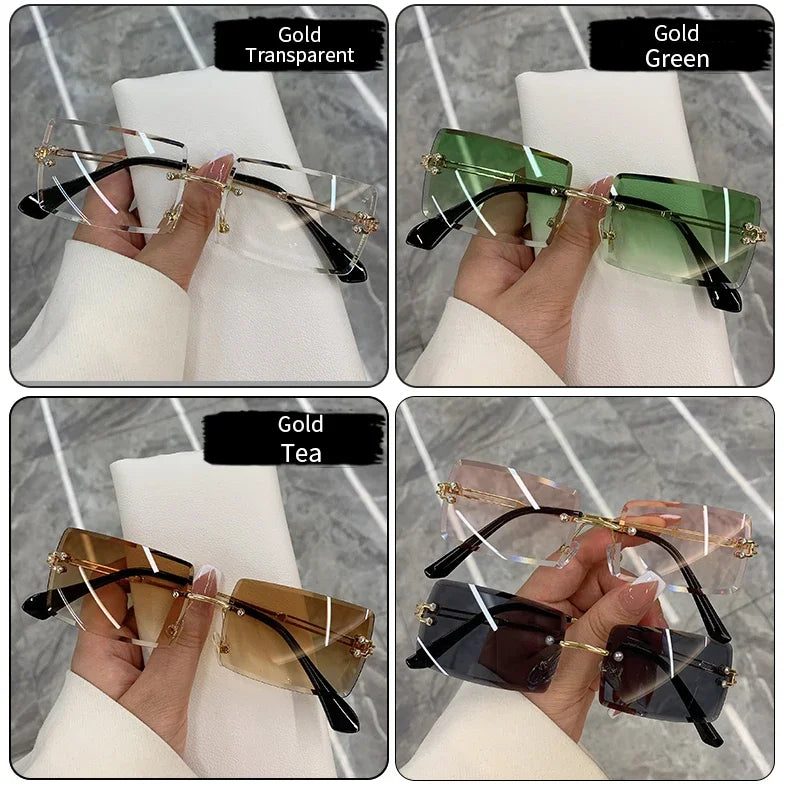 Vintage Fashion Rimless Sunglasses for Women Frameless Rectangle Shades Gradient UV400 Summer Traveling Sun Glasses for Womenn