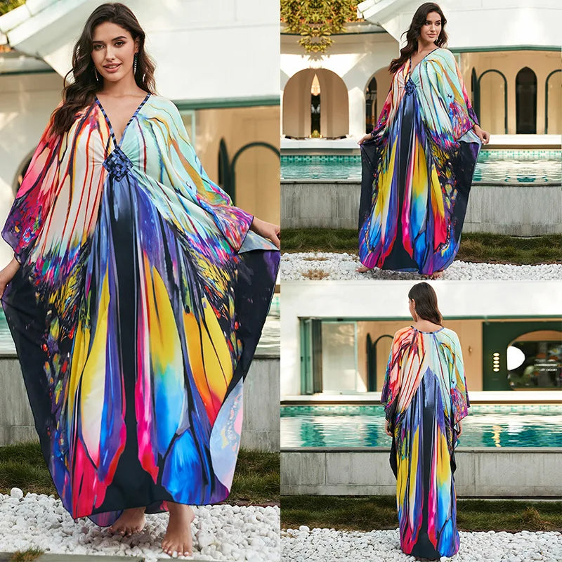 Women Ethnic Print Kaftan Beach Dress Bathing Suit Plus Size Swimsuit Cover Up Beachwear