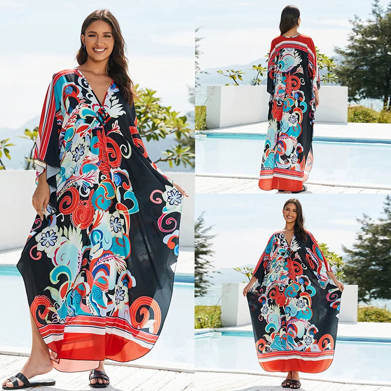 Women Ethnic Print Kaftan Beach Dress Bathing Suit Plus Size Swimsuit Cover Up Beachwear