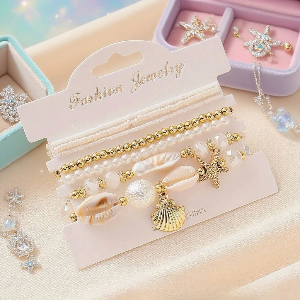 Bohemian Multi-layer Beaded Bracelet Set with Shell Starfish Turtle Pendants Faux Pearl Beachy Bracelets for  Summer Jewelry.