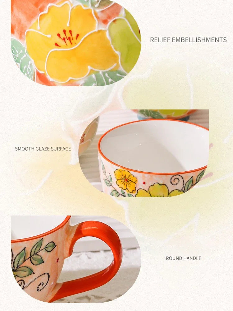 500ML Ceramic Coffee Mugs Large Capacity Hand-painted Relief Breakfast Cup Milk Oat Flower Tea Cups Creative Drinking Water Mug