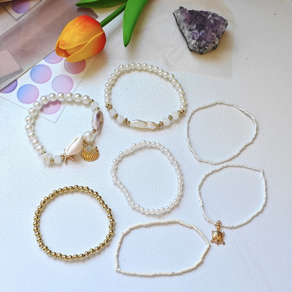Bohemian Multi-layer Beaded Bracelet Set with Shell Starfish Turtle Pendants Faux Pearl Beachy Bracelets for  Summer Jewelry.