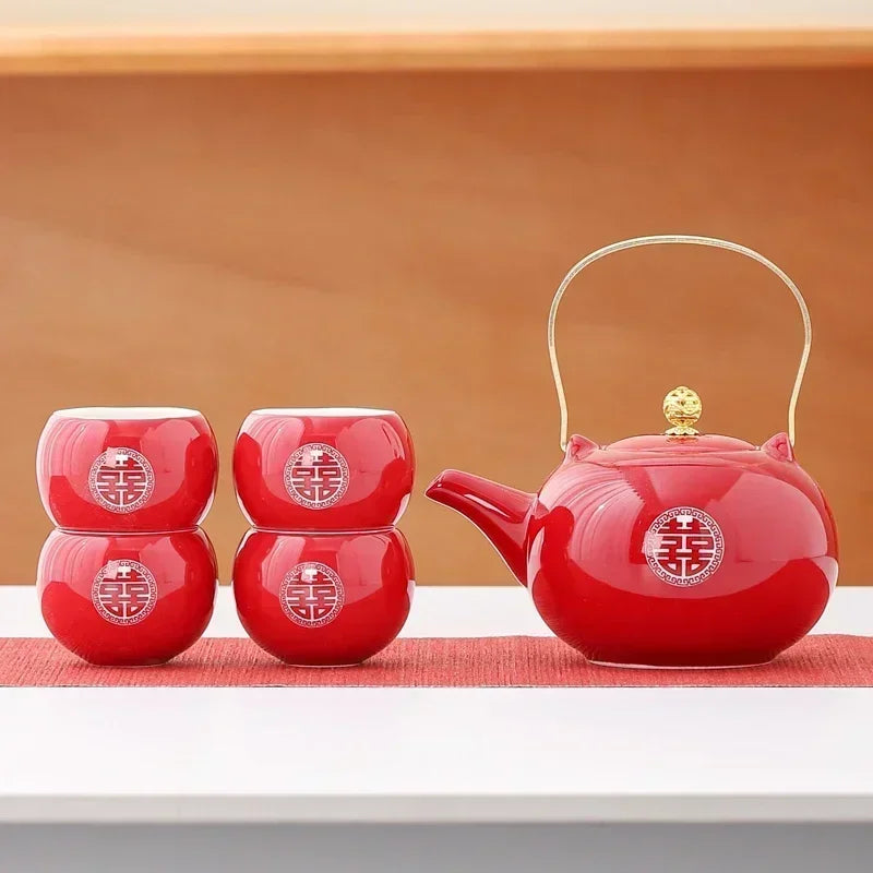 Red Ceramic Tea Set, Chinese Wedding Tea Set, Handmade Tea Pot Set, Special Customized Home Porcelain Beauty Tea Cup Set