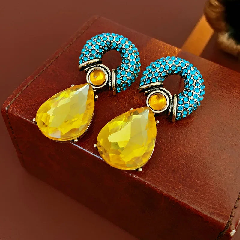 Rhinestone Circle Water Drop Metal Vintage Dangle Earrings for Women Personality Exquisite New in Earring 2024 Aesthetic Jewelry
