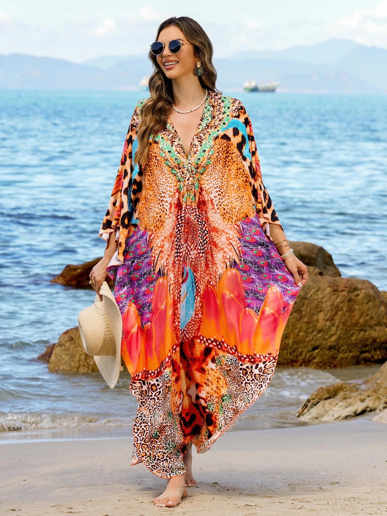 Beach Dresses Leopard Printed Kaftans for Women Hand Woven Cover Ups for Swimwear Factory Supply