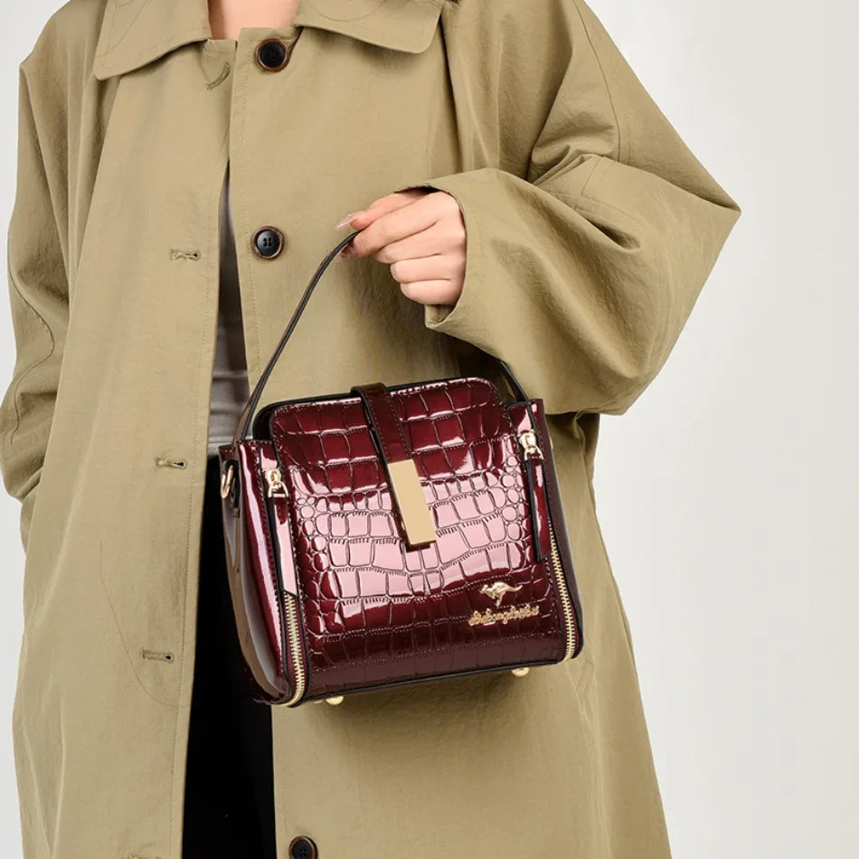 Women's Glossy Crocodile Embossed Patent Leather Bucket Bag Casual Top Handle Crossbody Shoulder Handbag for Daily Commute Sac