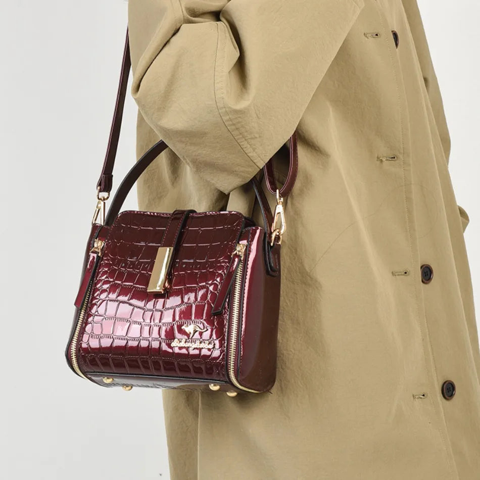 Women's Glossy Crocodile Embossed Patent Leather Bucket Bag Casual Top Handle Crossbody Shoulder Handbag for Daily Commute Sac