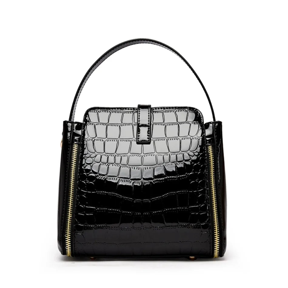 Women's Glossy Crocodile Embossed Patent Leather Bucket Bag Casual Top Handle Crossbody Shoulder Handbag for Daily Commute Sac