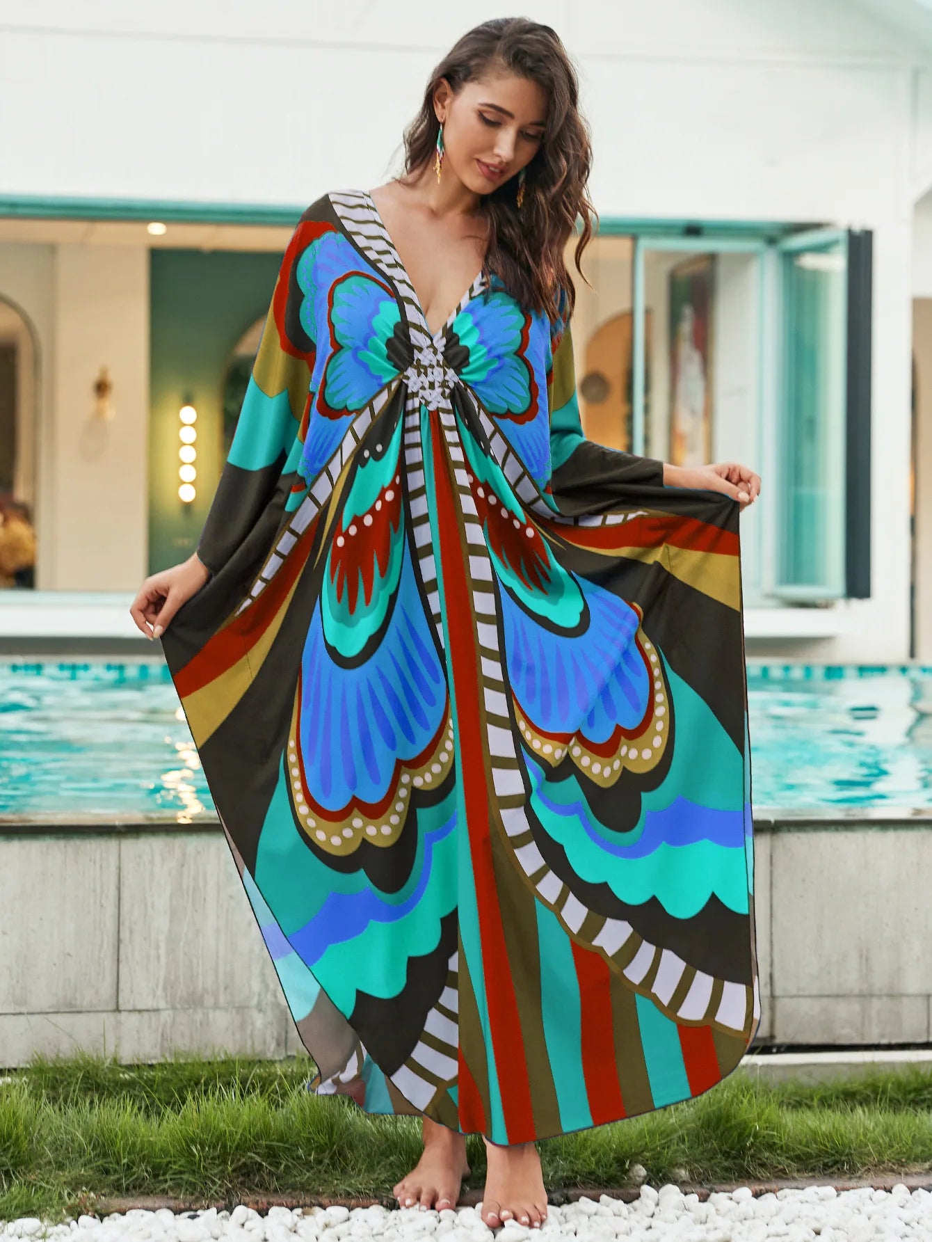 Kaftan Dresses for Women Plus Size Batwing Sleeve Caftans Long Bathing Suit Cover Up Maxi Beach Dress Loungewear